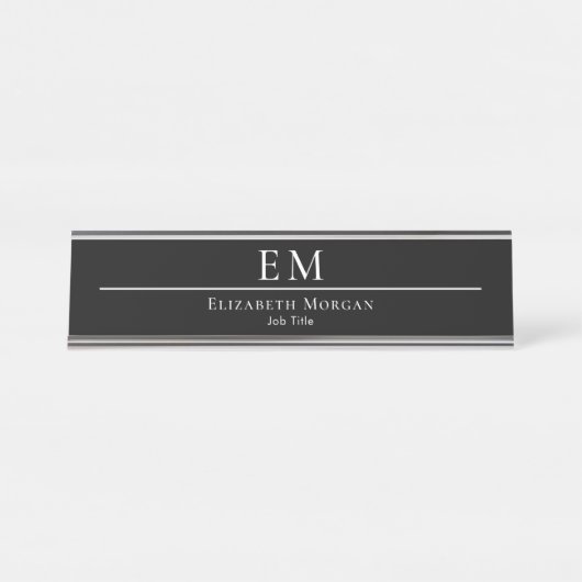 Professioneel Zwart Wit Modern Minimaal Monogram Bureau Naambordje (Voorkant)