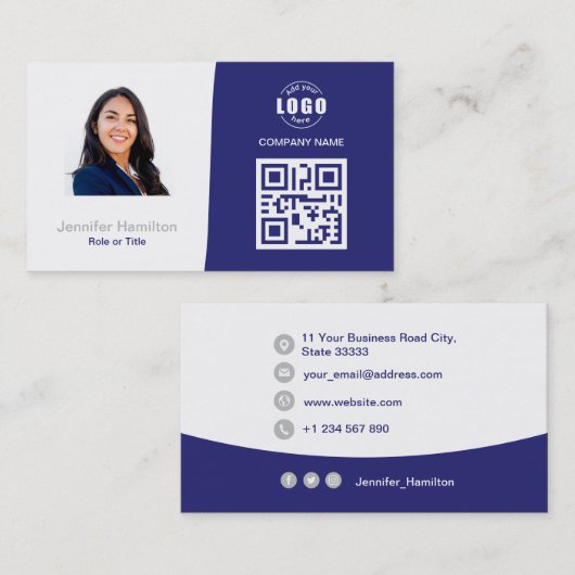 Professionele aangepaste QRCode-foto Blauw grijs Visitekaartje (Voorkant / Achterkant)