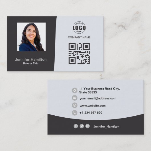 Professionele aangepaste QRCode Foto Gray Business Visitekaartje (Voorkant / Achterkant)