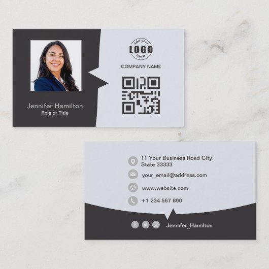 Professionele aangepaste QRCode Foto Gray Business Visitekaartje (Voorkant / Achterkant)