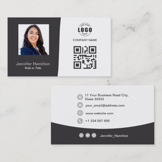 Professionele aangepaste QRCode Foto Gray Business Visitekaartje (Voorkant / Achterkant)