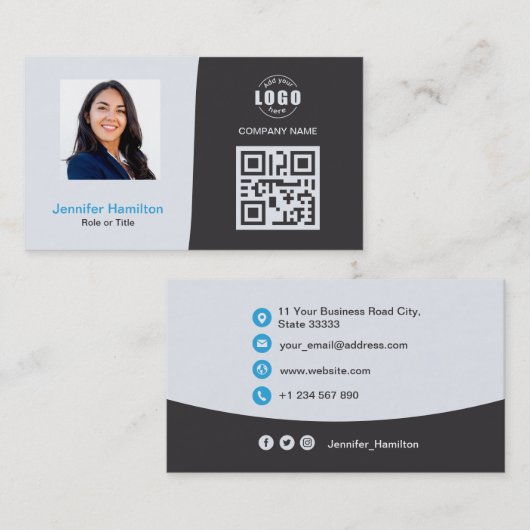 Professionele aangepaste QRCode Foto grijs blauw Visitekaartje (Voorkant / Achterkant)
