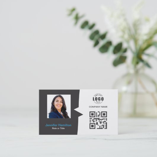 Professionele aangepaste QRCode Foto grijs blauw Visitekaartje (Staand voorkant)