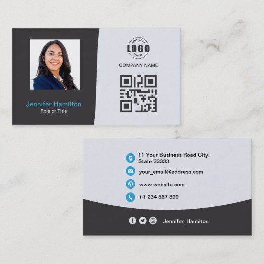 Professionele aangepaste QRCode Foto grijs blauw Visitekaartje (Voorkant / Achterkant)