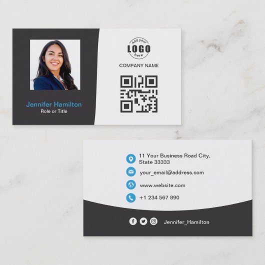 Professionele aangepaste QRCode Foto grijs blauw Visitekaartje (Voorkant / Achterkant)