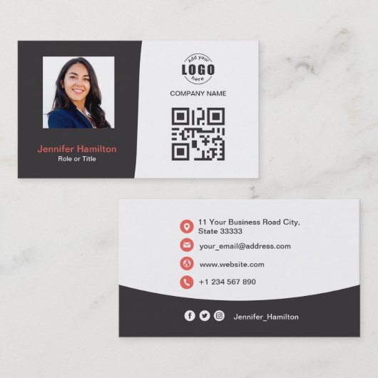 Professionele aangepaste QRCode Foto grijs rood Visitekaartje (Voorkant / Achterkant)