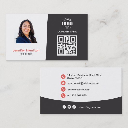Professionele aangepaste QRCode Foto grijs rood Visitekaartje (Voorkant / Achterkant)