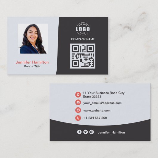 Professionele aangepaste QRCode Foto grijs rood Visitekaartje (Voorkant / Achterkant)