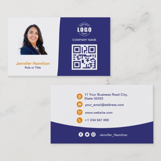 Professionele aangepaste QRCode-fotoblauw Sinaasap Visitekaartje (Voorkant / Achterkant)