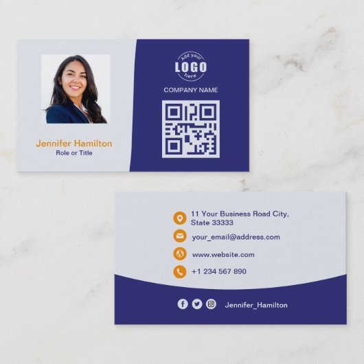 Professionele aangepaste QRCode-fotoblauw Sinaasap Visitekaartje (Voorkant / Achterkant)