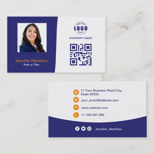 Professionele aangepaste QRCode-fotoblauw Sinaasap Visitekaartje (Voorkant / Achterkant)