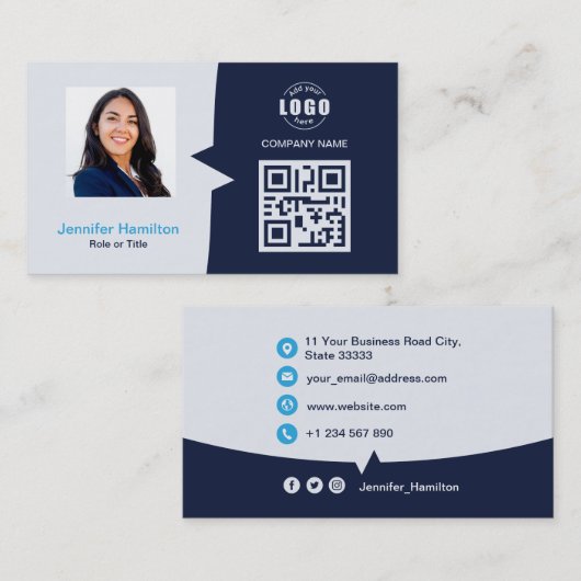 Professionele aangepaste QRCode Photo Dark Blue Bu Visitekaartje (Voorkant / Achterkant)