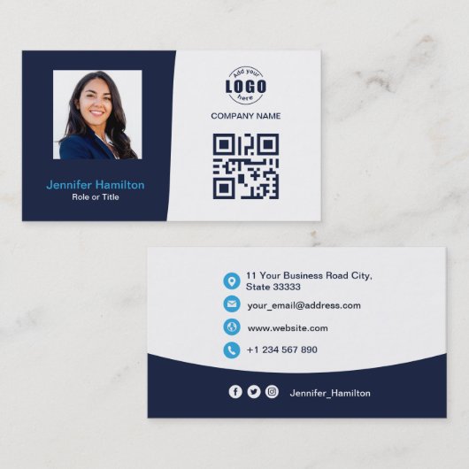 Professionele aangepaste QRCode Photo Dark Blue Bu Visitekaartje (Voorkant / Achterkant)