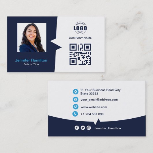 Professionele aangepaste QRCode Photo Dark Blue Bu Visitekaartje (Voorkant / Achterkant)