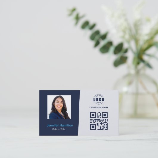 Professionele aangepaste QRCode Photo Dark Blue Bu Visitekaartje (Staand voorkant)