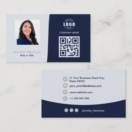 Professionele aangepaste QRCode Photo Dark Blue Gr Visitekaartje (Voorkant / Achterkant)