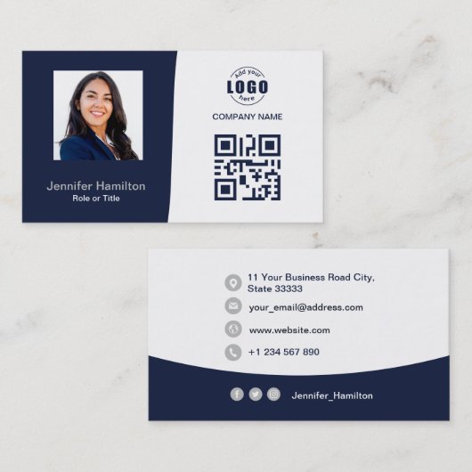 Professionele aangepaste QRCode Photo Dark Blue Gr Visitekaartje (Voorkant / Achterkant)