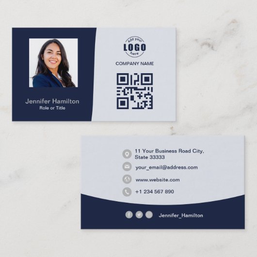 Professionele aangepaste QRCode Photo Dark Blue Gr Visitekaartje (Voorkant / Achterkant)