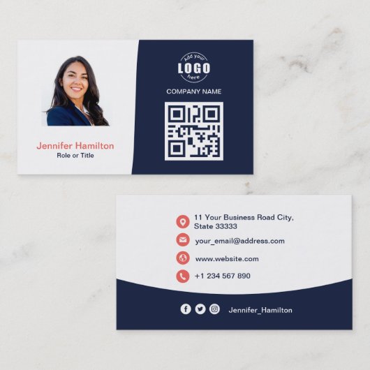 Professionele aangepaste QRCode Photo Dark Blue Re Visitekaartje (Voorkant / Achterkant)