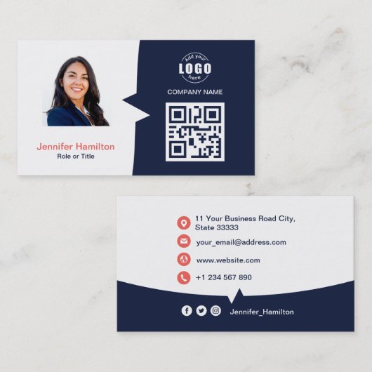 Professionele aangepaste QRCode Photo Dark Blue Re Visitekaartje (Voorkant / Achterkant)