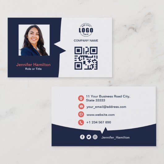 Professionele aangepaste QRCode Photo Dark Blue Re Visitekaartje (Voorkant / Achterkant)