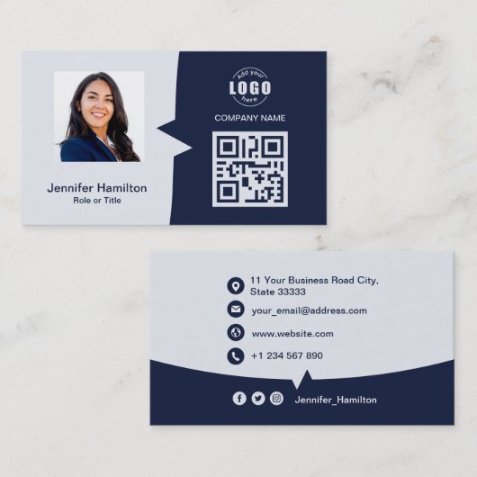 Professionele aangepaste QRCode Photo Dark Blue Visitekaartje (Voorkant / Achterkant)