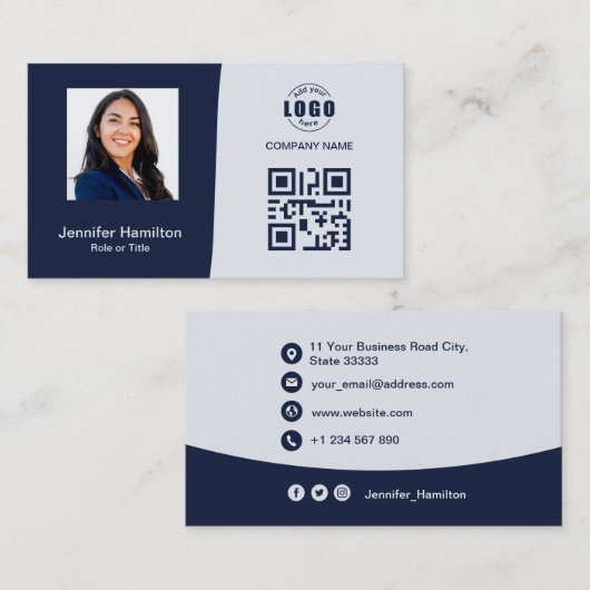 Professionele aangepaste QRCode Photo Dark Blue Visitekaartje (Voorkant / Achterkant)