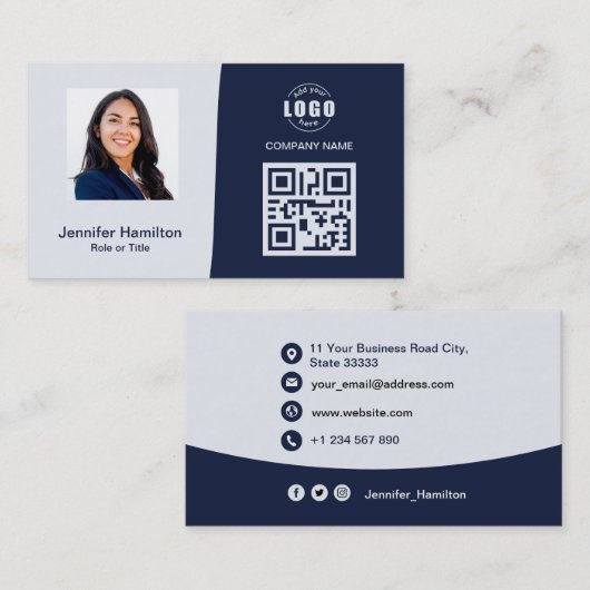 Professionele aangepaste QRCode Photo Dark Blue Visitekaartje (Voorkant / Achterkant)