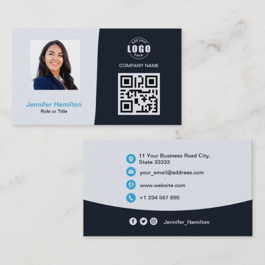 Professionele aangepaste QRCode Photo Navy Blue Bu Visitekaartje (Voorkant / Achterkant)