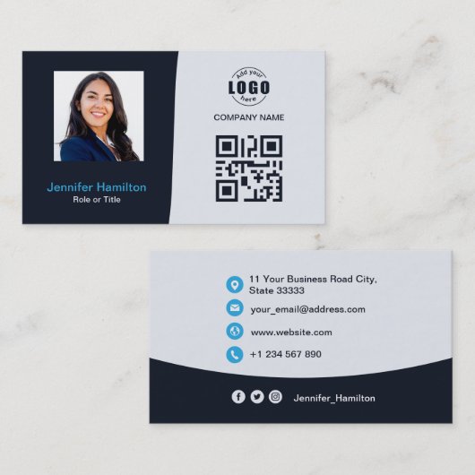 Professionele aangepaste QRCode Photo Navy Blue Bu Visitekaartje (Voorkant / Achterkant)