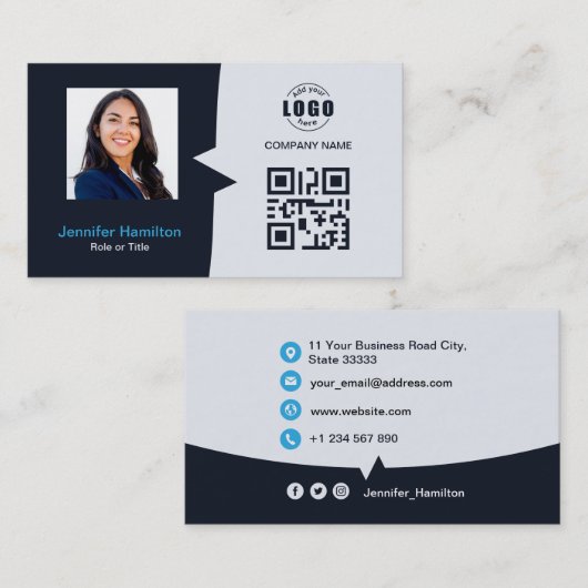 Professionele aangepaste QRCode Photo Navy Blue Bu Visitekaartje (Voorkant / Achterkant)