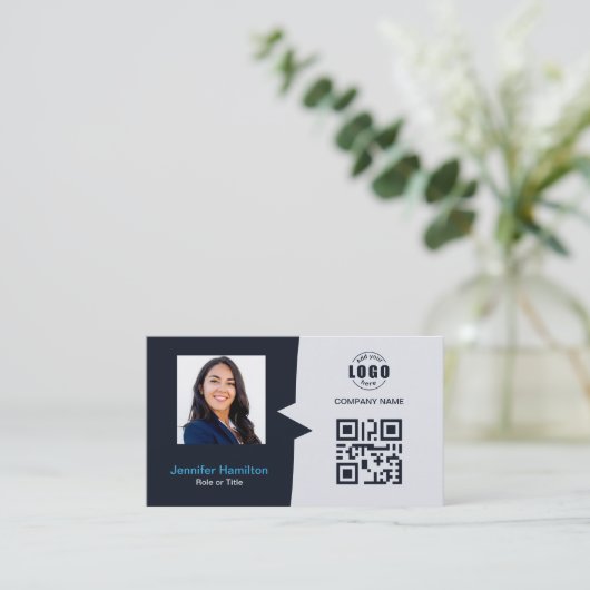 Professionele aangepaste QRCode Photo Navy Blue Bu Visitekaartje (Staand voorkant)