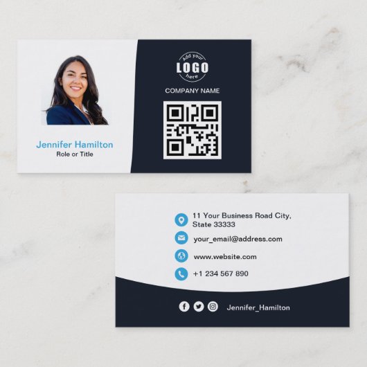 Professionele aangepaste QRCode Photo Navy Blue Bu Visitekaartje (Voorkant / Achterkant)