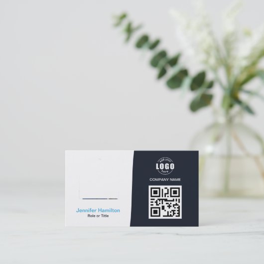 Professionele aangepaste QRCode Photo Navy Blue Bu Visitekaartje (Staand voorkant)