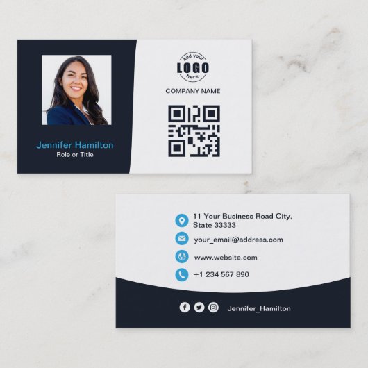 Professionele aangepaste QRCode Photo Navy Blue Bu Visitekaartje (Voorkant / Achterkant)