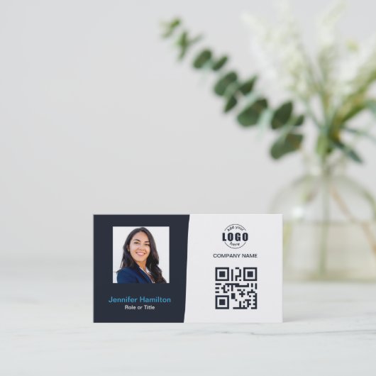 Professionele aangepaste QRCode Photo Navy Blue Bu Visitekaartje (Staand voorkant)
