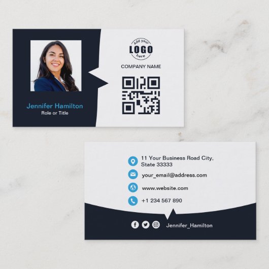Professionele aangepaste QRCode Photo Navy Blue Bu Visitekaartje (Voorkant / Achterkant)