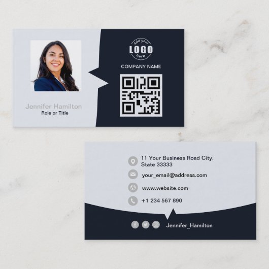 Professionele aangepaste QRCode Photo Navy Blue Gr Visitekaartje (Voorkant / Achterkant)