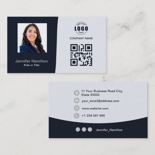 Professionele aangepaste QRCode Photo Navy Blue Gr Visitekaartje (Voorkant / Achterkant)