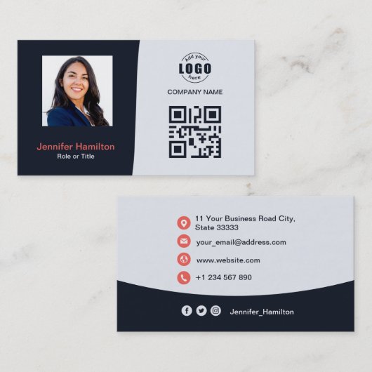 Professionele aangepaste QRCode Photo Navy Blue Re Visitekaartje (Voorkant / Achterkant)