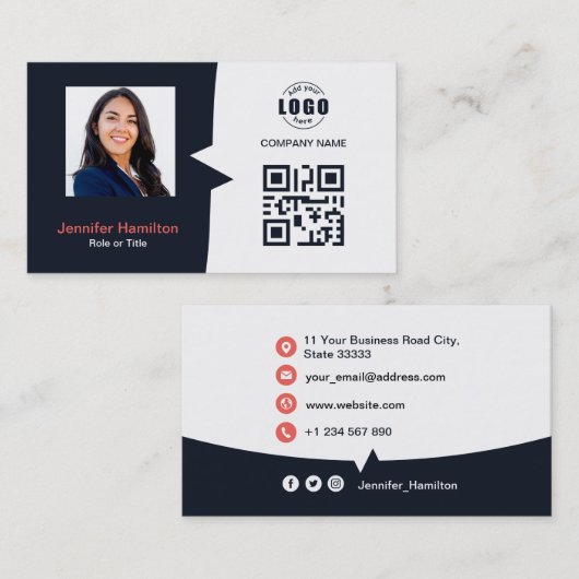 Professionele aangepaste QRCode Photo Navy Blue Re Visitekaartje (Voorkant / Achterkant)