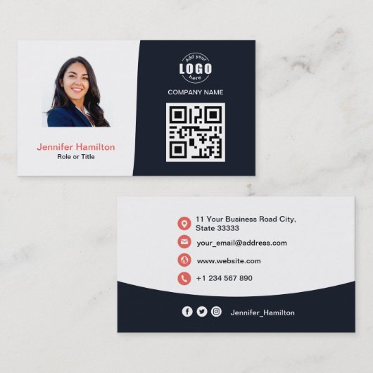 Professionele aangepaste QRCode Photo Navy Blue Re Visitekaartje (Voorkant / Achterkant)