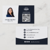 Professionele aangepaste QRCode Photo Navy Blue Visitekaartje (Voorkant / Achterkant)