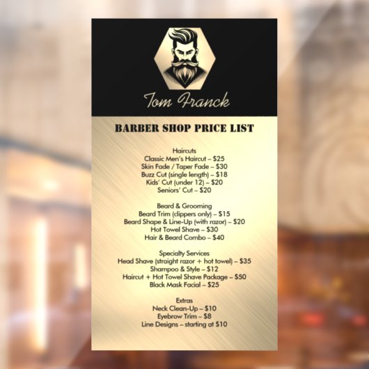Professionele Barber Shop zwart & goud Prijslijst Raamsticker (Vel 2)