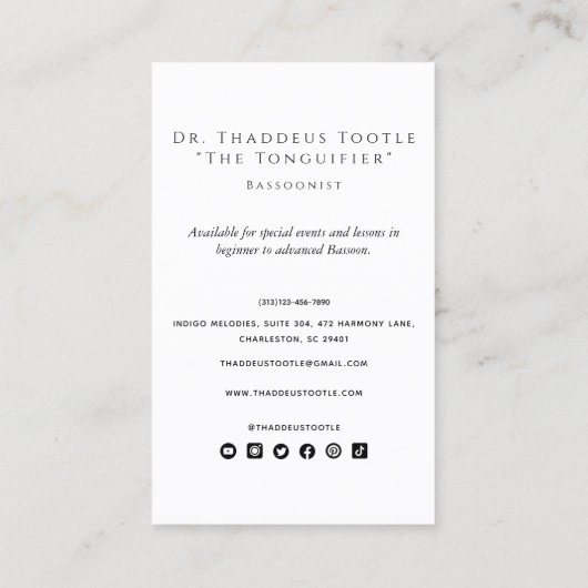 Professionele Bassonist en Bassoon Muziekleraar Visitekaartje (Achterkant)
