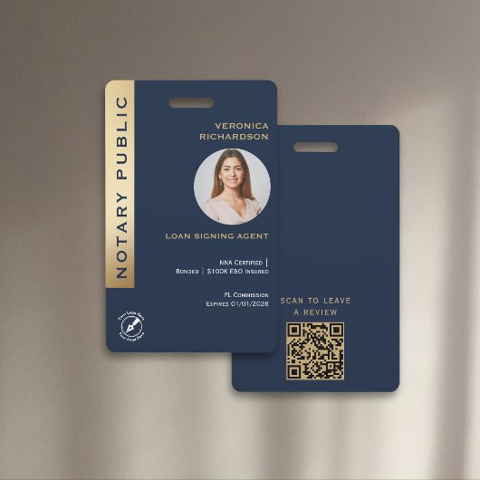 Professionele Blauw & Goud Notaris QR Code Foto-ID Badge