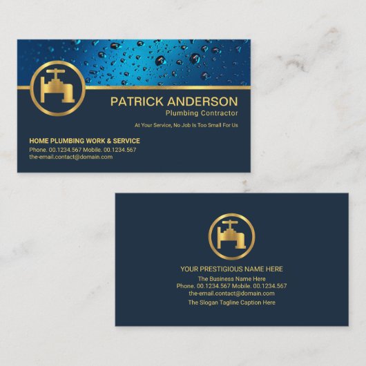 Professionele blauwe waterdruppels Gold Faucet Plu Visitekaartje (Voorkant / Achterkant)