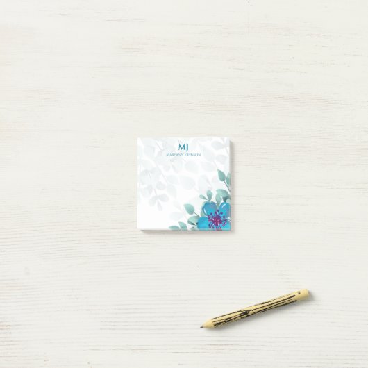 Professionele blauwe Waterverf bloemen, aangepast Post-it® Notes (Op bureau)