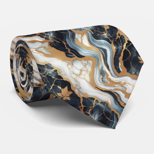 Professionele blauwe, witte en gouden marmer stropdas (Opgerold)