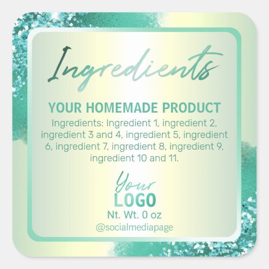 Professionele Blauwgroen Glitter Ingrediëntenlabel Vierkante Sticker (Voorkant)
